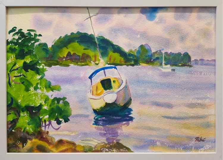 'Boat on the Bay' Watercolor by Nike
