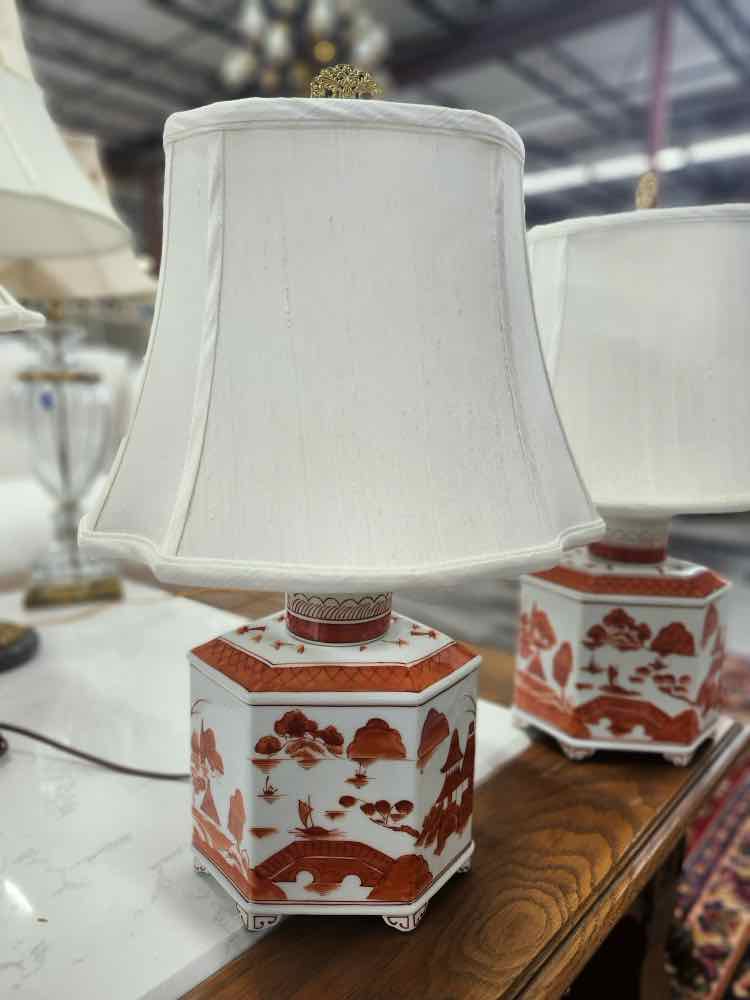 Pair of Orange/White Japanese Chinoiserie Lamps