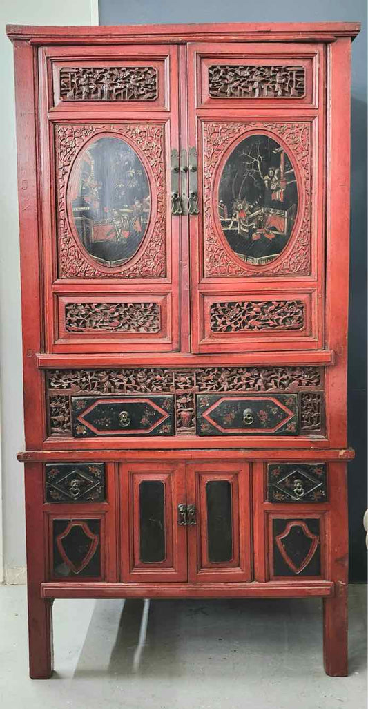 Antique 2pc Red Armoire Cabinet