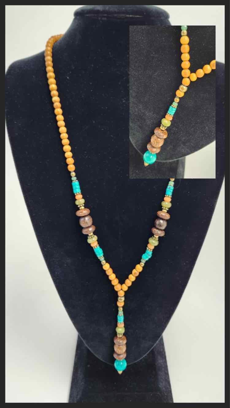 Light Brown Prayer Bead Necklace w/Teal Bead