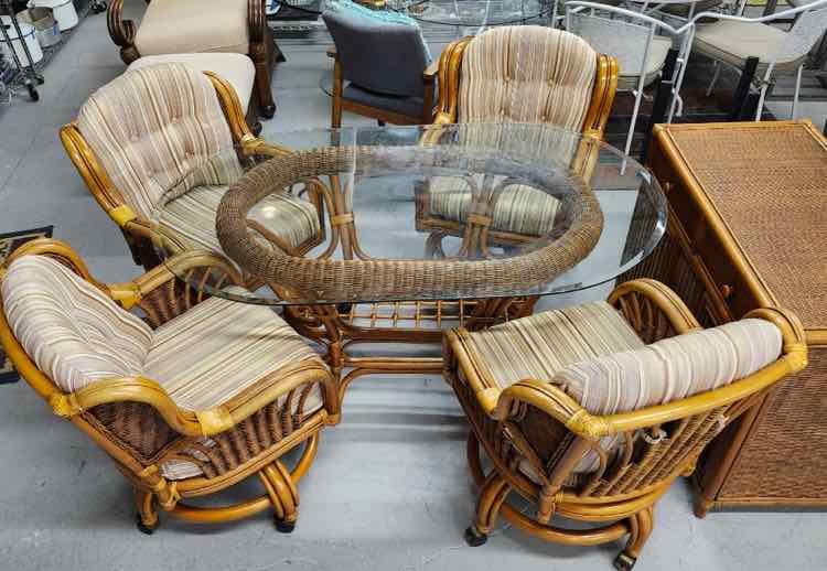 Oval Rattan Glass Top table w/ Four Chairs