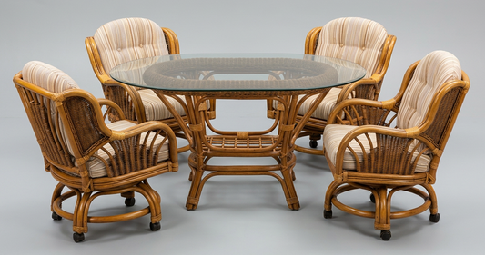 Oval Rattan Glass Top table w/ Four Chairs