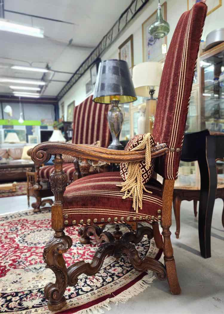 Pair Jacobean Maroon Striped "King" Armchairs