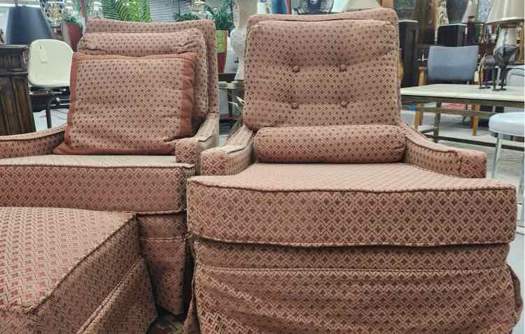 Pair of Orange Print Chairs w/Ottoman
