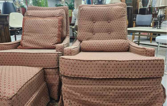 Pair of Orange Print Chairs w/Ottoman