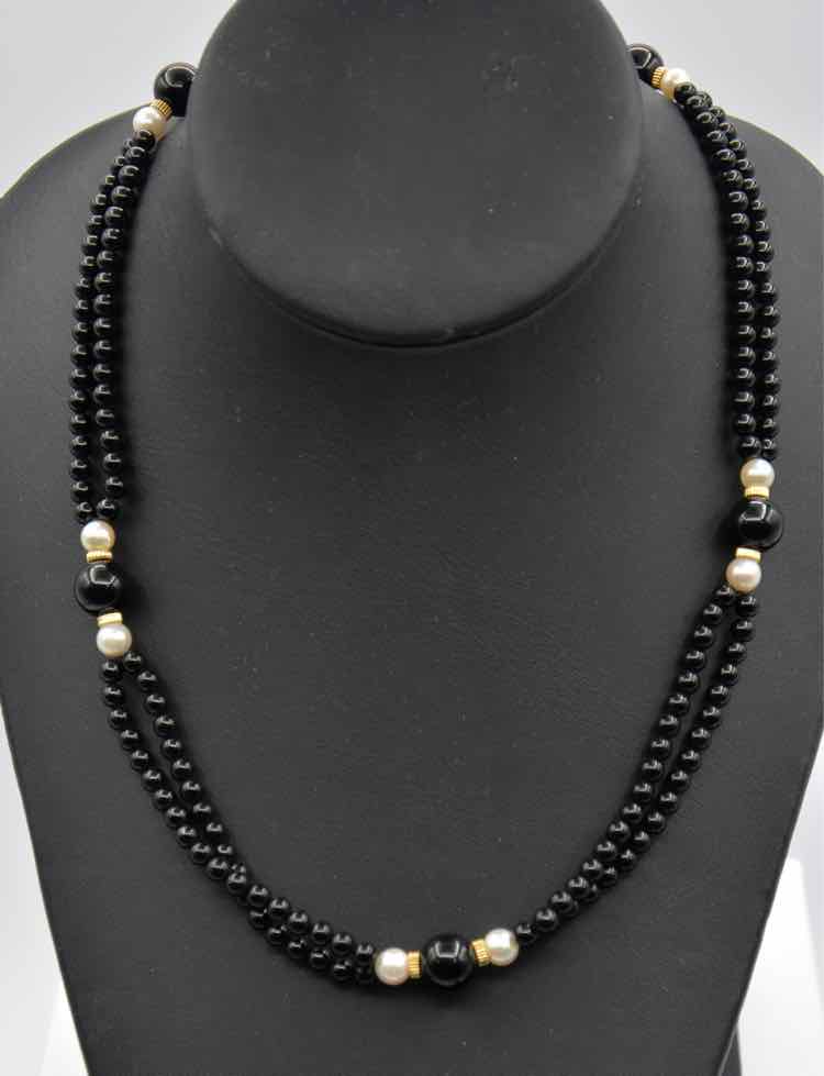 14K Onyx/Pearl/Gold Bead Necklace