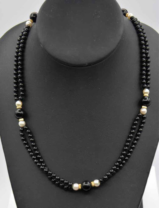 14K Onyx/Pearl/Gold Bead Necklace