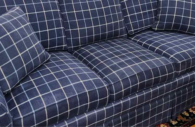 Navy Ethan Allen Plaid Goose Down Sofa