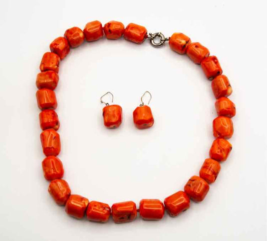 Vtg.Coral Bead Necklace & Earring