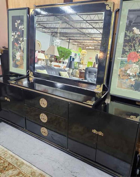 Black Lacquer Dresser w/ Brass Accents & Mirror