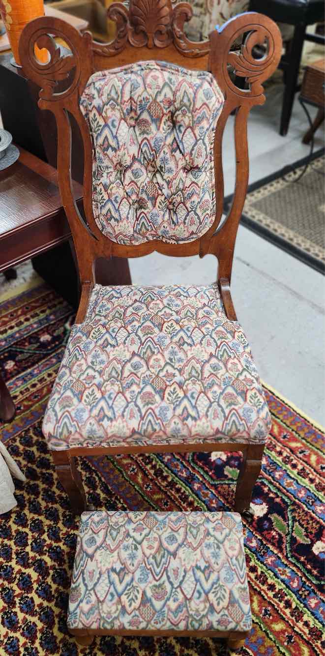 Wooden Upholstered Chair w/Ottoman