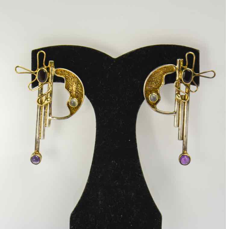 Silver Earrings W/ Amethyst Garnet & Moonstone