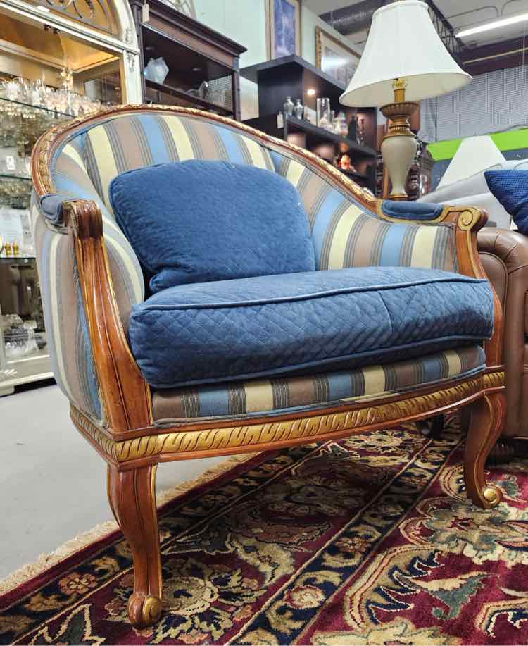Pair Blue & Gold Stripe "Built Well" Rounded Chairs