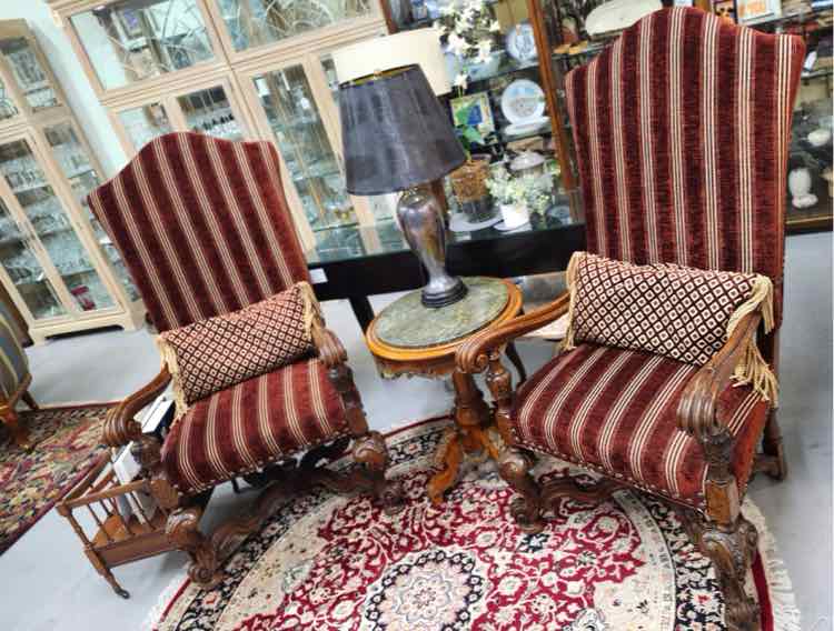 Pair Jacobean Maroon Striped "King" Armchairs