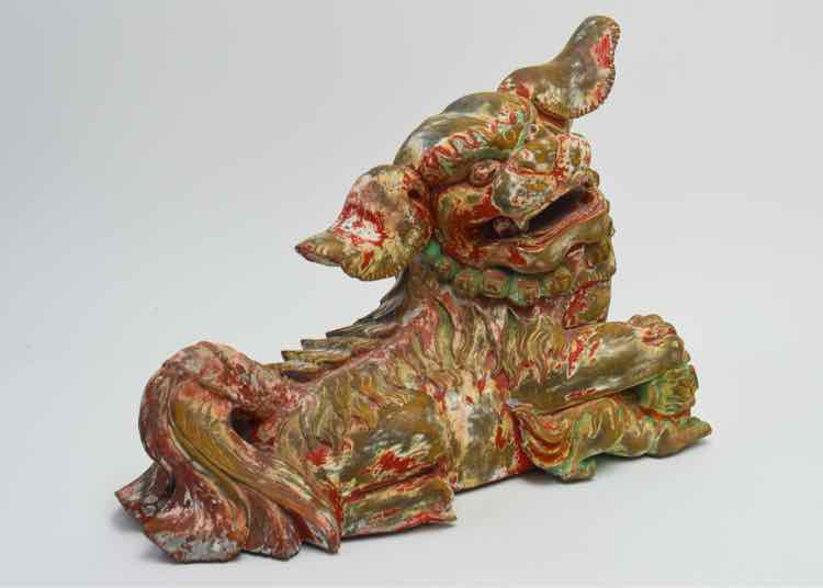 Signed Chinese Painted Wooden Foo Dog Sculpture