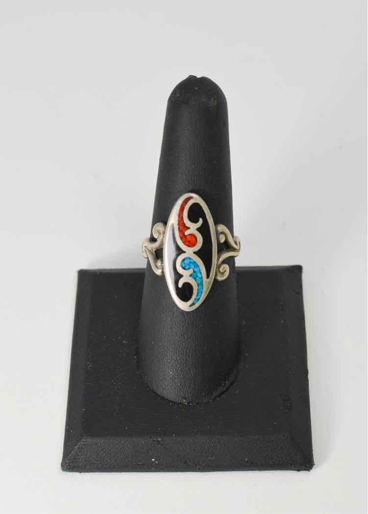 Enamel and Turquoise Silver Ring