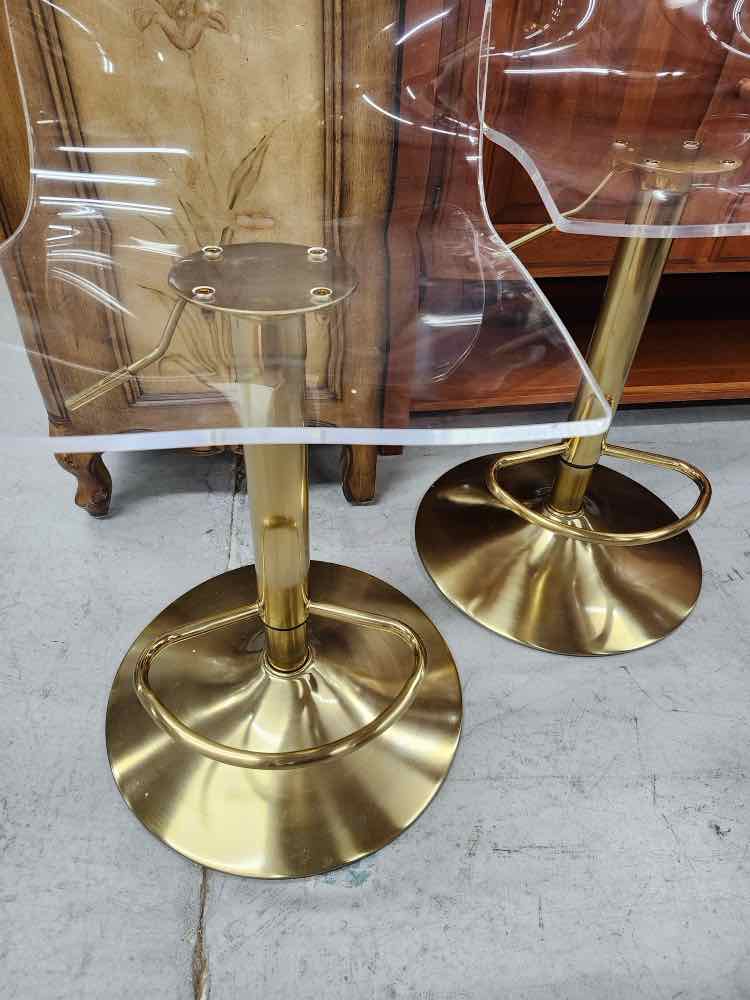 Pair of Gold & Lucite Adjustable Barstools