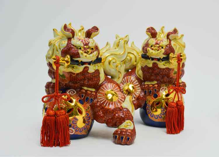 Pair of Porcelain Japanese Kutani Temple Foo Dog Figurines