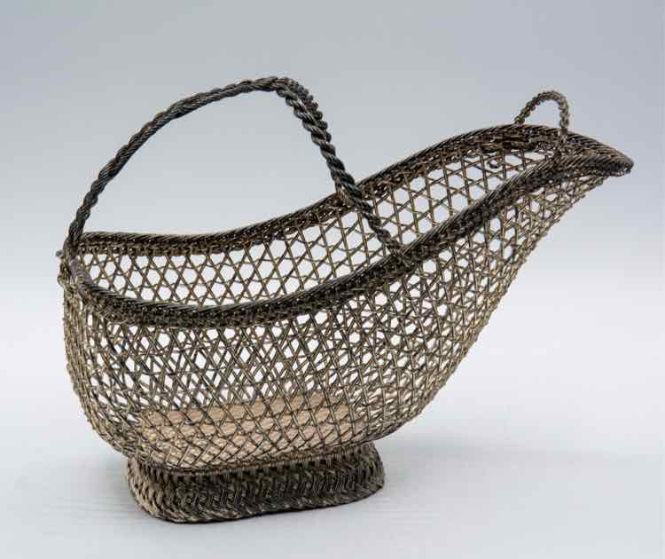 French Hand Woven Wire Wine Basket - Silver Plate
