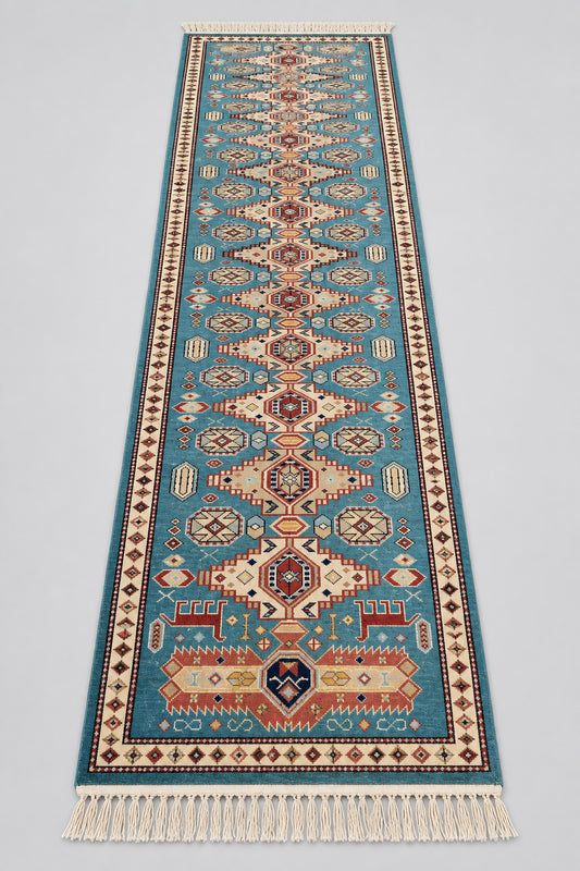 13'10" x 2'7" Blue/Red Runner Rug