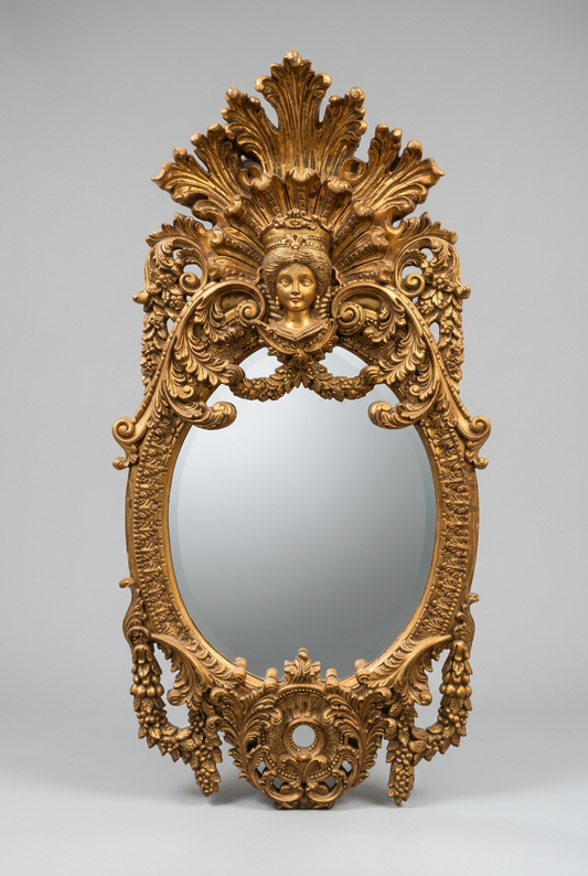 French Rococo Style Gilt Maidens Head Mirror