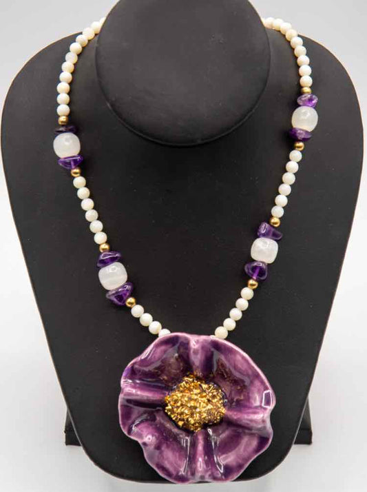 Vtg. Purple Ceramic Flower Necklace