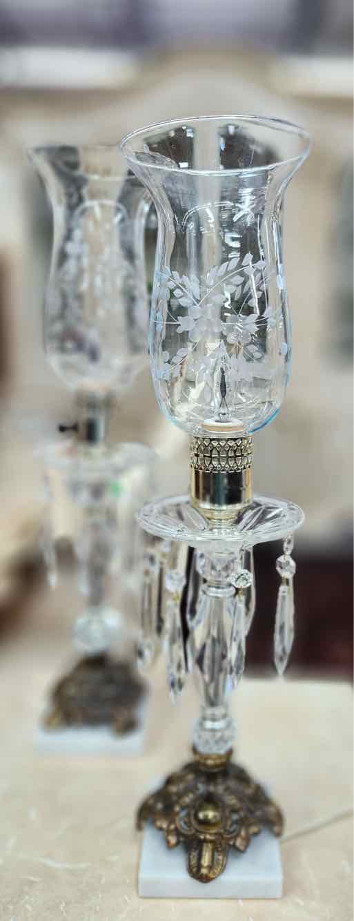Pair Marble/Cut Crystal Hollywood Regency Light
