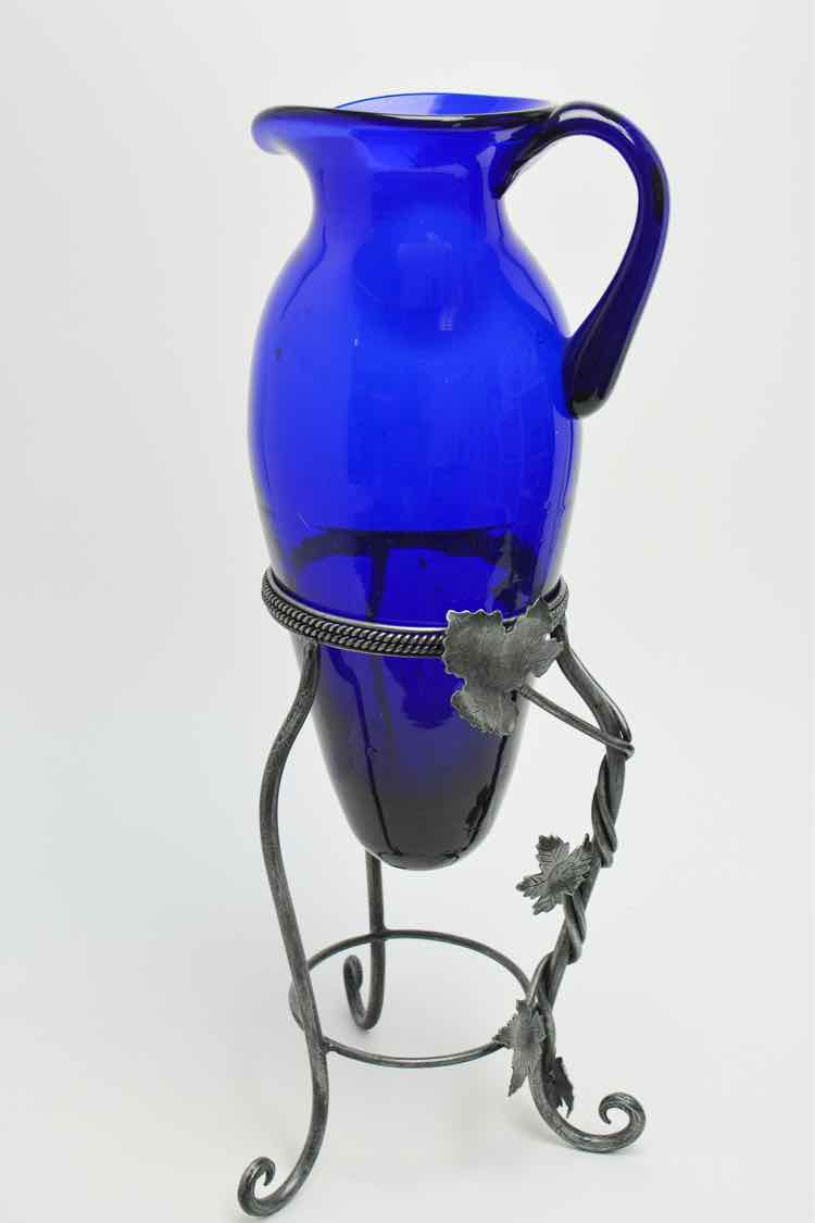 Cobalt Glass Pitcher In Metal Grape Stand