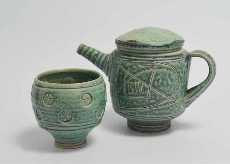 Signed Celadon Glazed Teapot & Tea Bowl