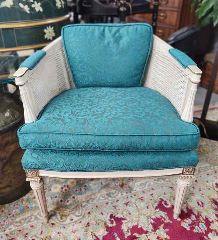 Pair of Green Upholstered Cane Back Chairs