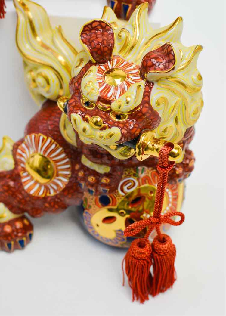 Pair of Porcelain Japanese Kutani Temple Foo Dog Figurines