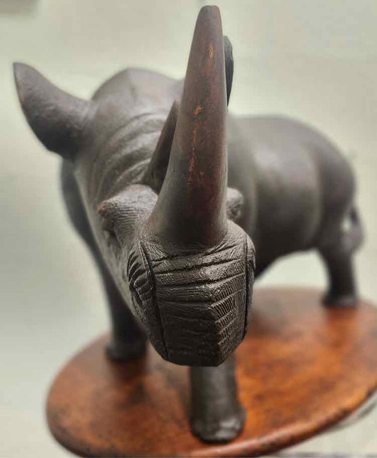Rhinoceros Sculpture, Wood with Metal Paint on Stand