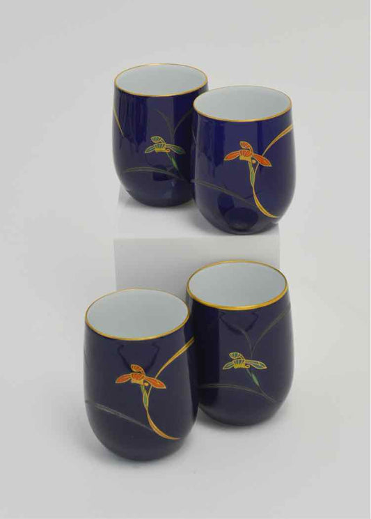 4 Koransha Cobalt Blue Orchid Tea Cups
