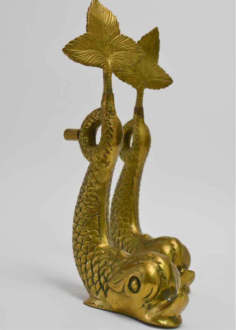 Pair of Vtg. Brass Koi Andirons