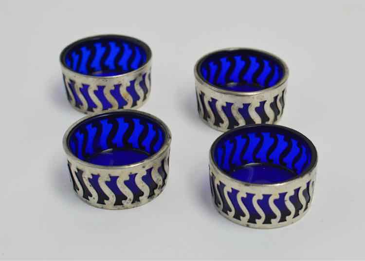 Set of 4 Sterling Silver Framed Cobalt Salt Dishes
