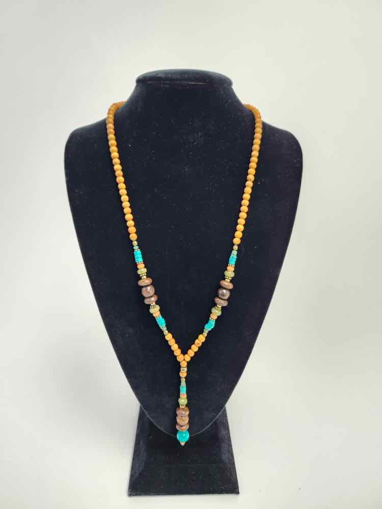 Light Brown Prayer Bead Necklace w/Teal Bead