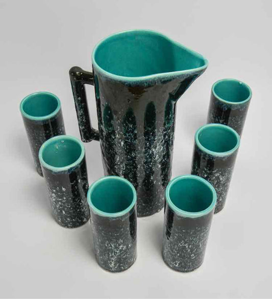 Teal/Black Drip Cups & Pitcher AS IS