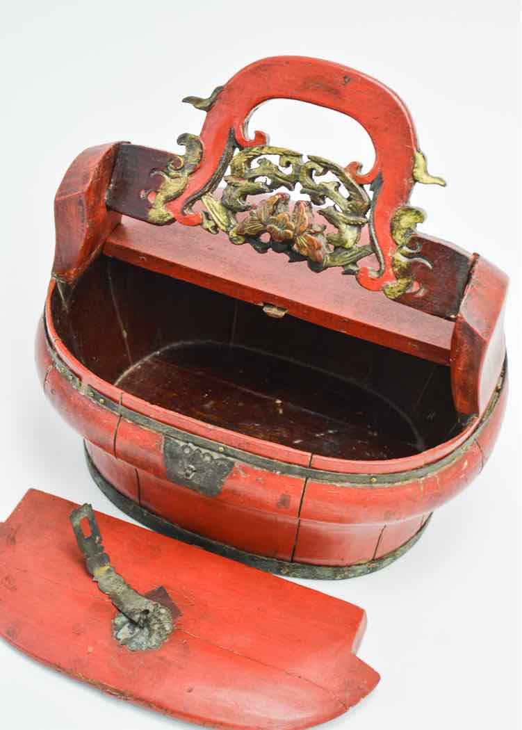 Antique Chinese Red Lacquer Wood Wedding Basket