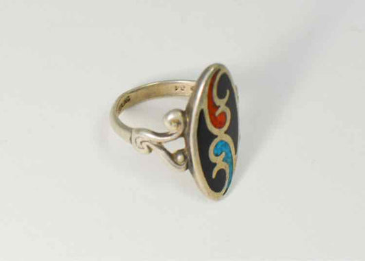 Enamel and Turquoise Silver Ring