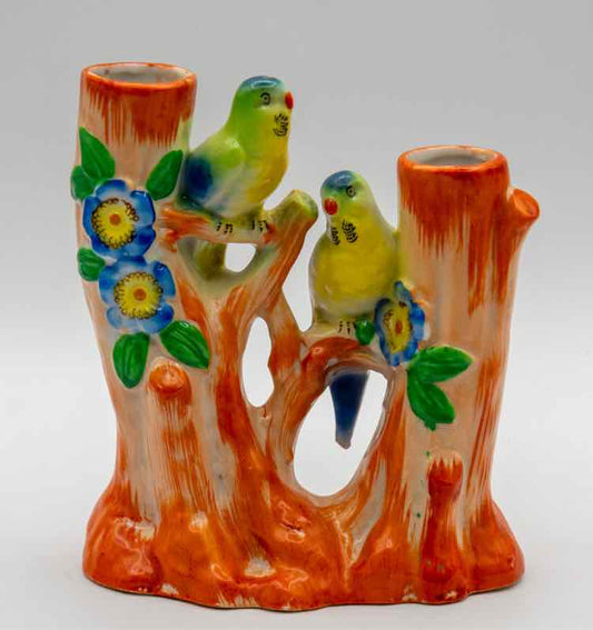 Vtg. Lusterware Double Vase w/Parrots