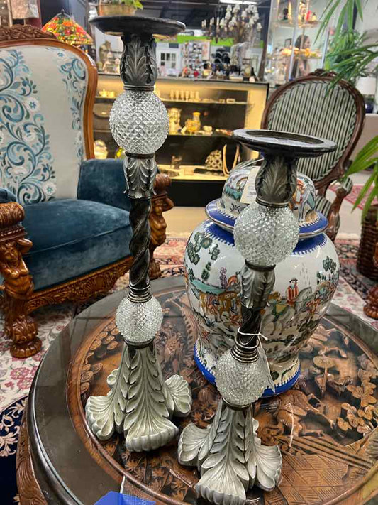 Glass and silver candlesticks pair