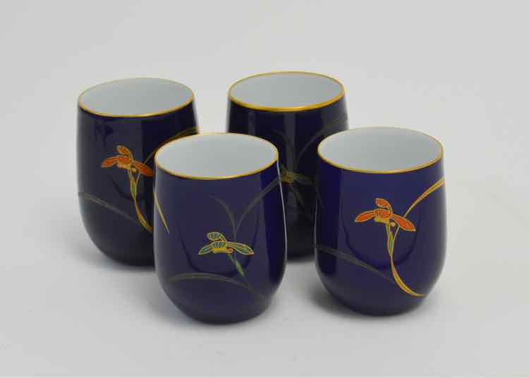 4 Koransha Cobalt Blue Orchid Tea Cups