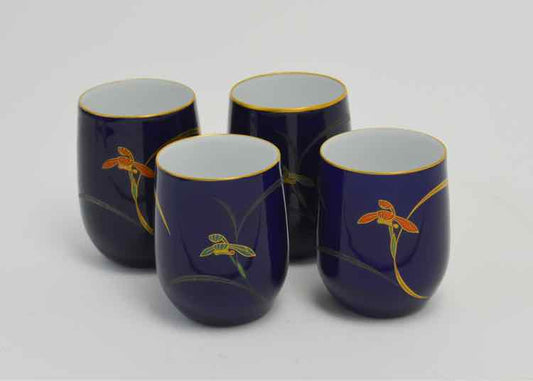4 Koransha Cobalt Blue Orchid Tea Cups