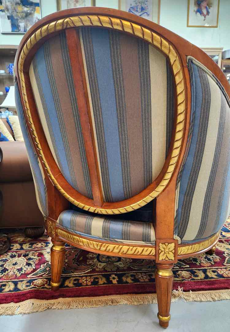 Pair Blue & Gold Stripe "Built Well" Rounded Chairs