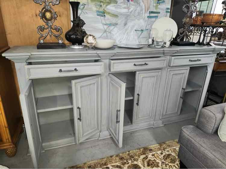 Grey Distressed Credenza w/ Crown Molding