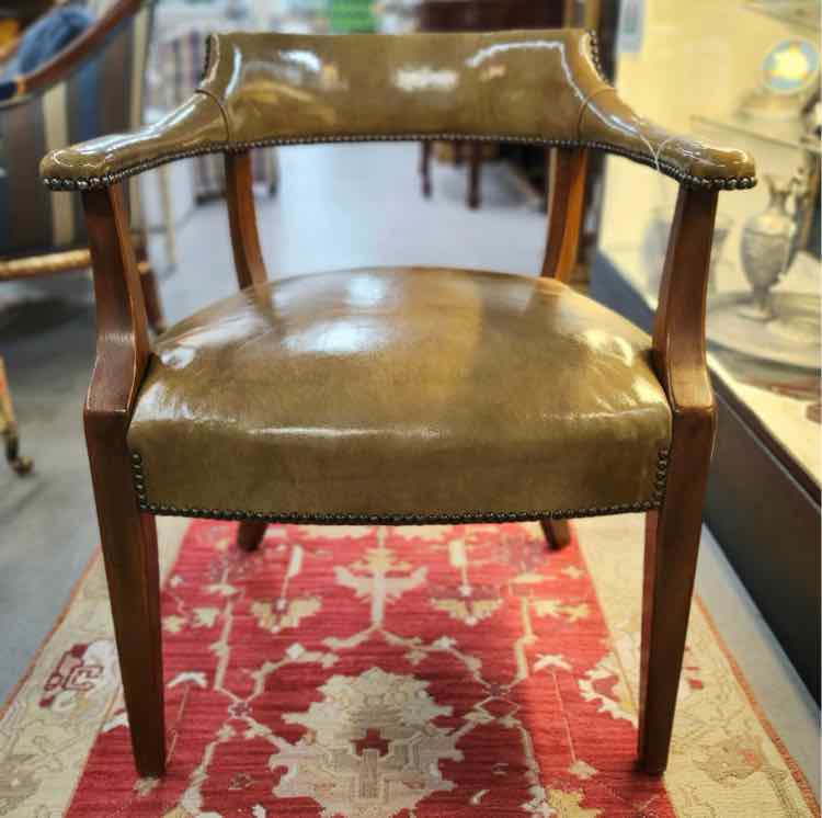Olive Green Leather Nailhead Arm Chair