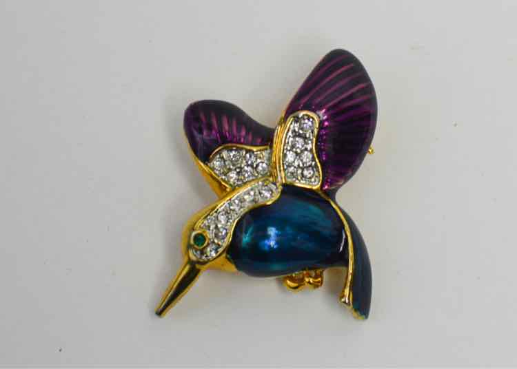 Goldtone,Enamel & Rhinestone Hummingbird Brooch