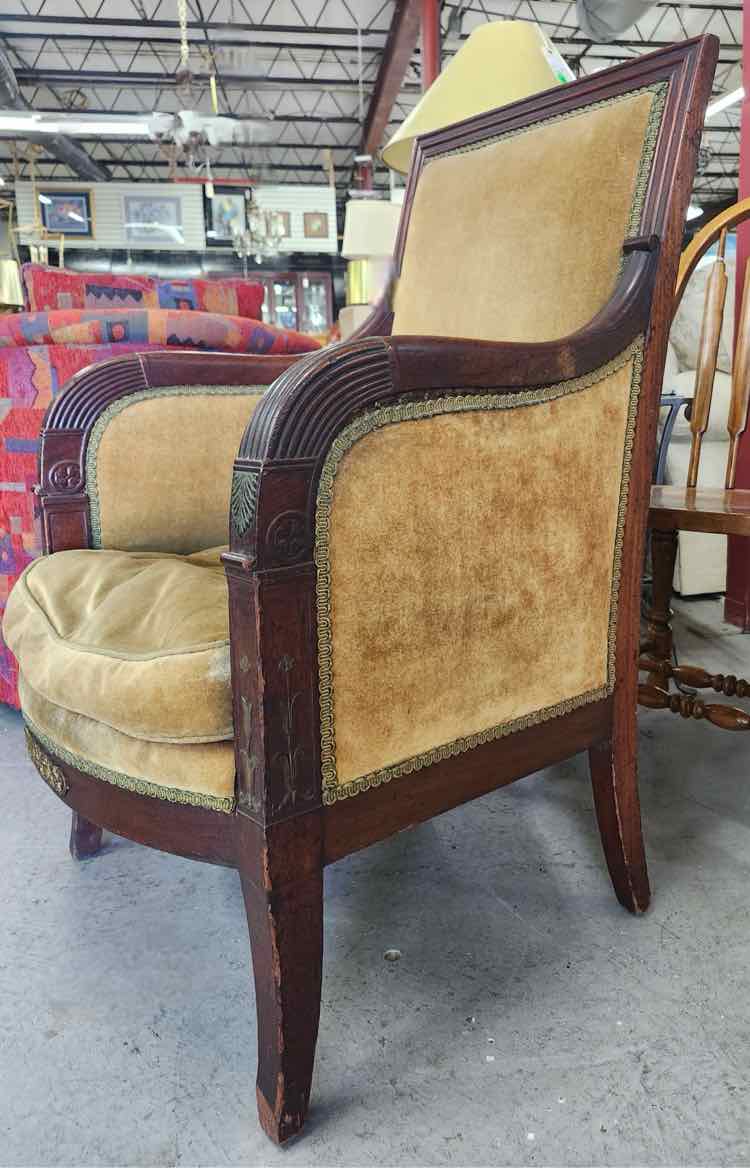 Gold Upholstered Wood Arm Chair
