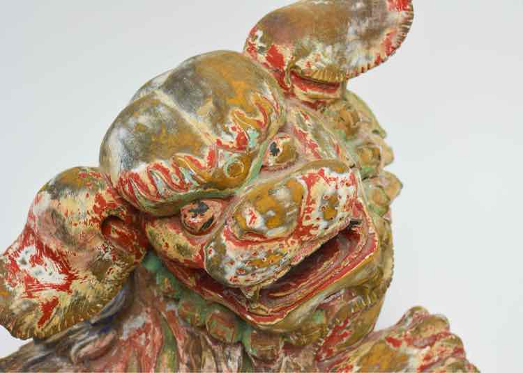 Signed Chinese Painted Wooden Foo Dog Sculpture