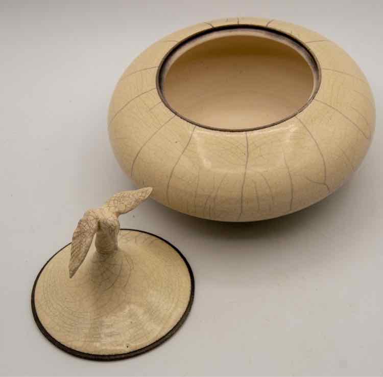 White Crackle Trinket Dish w/ Bird Lid